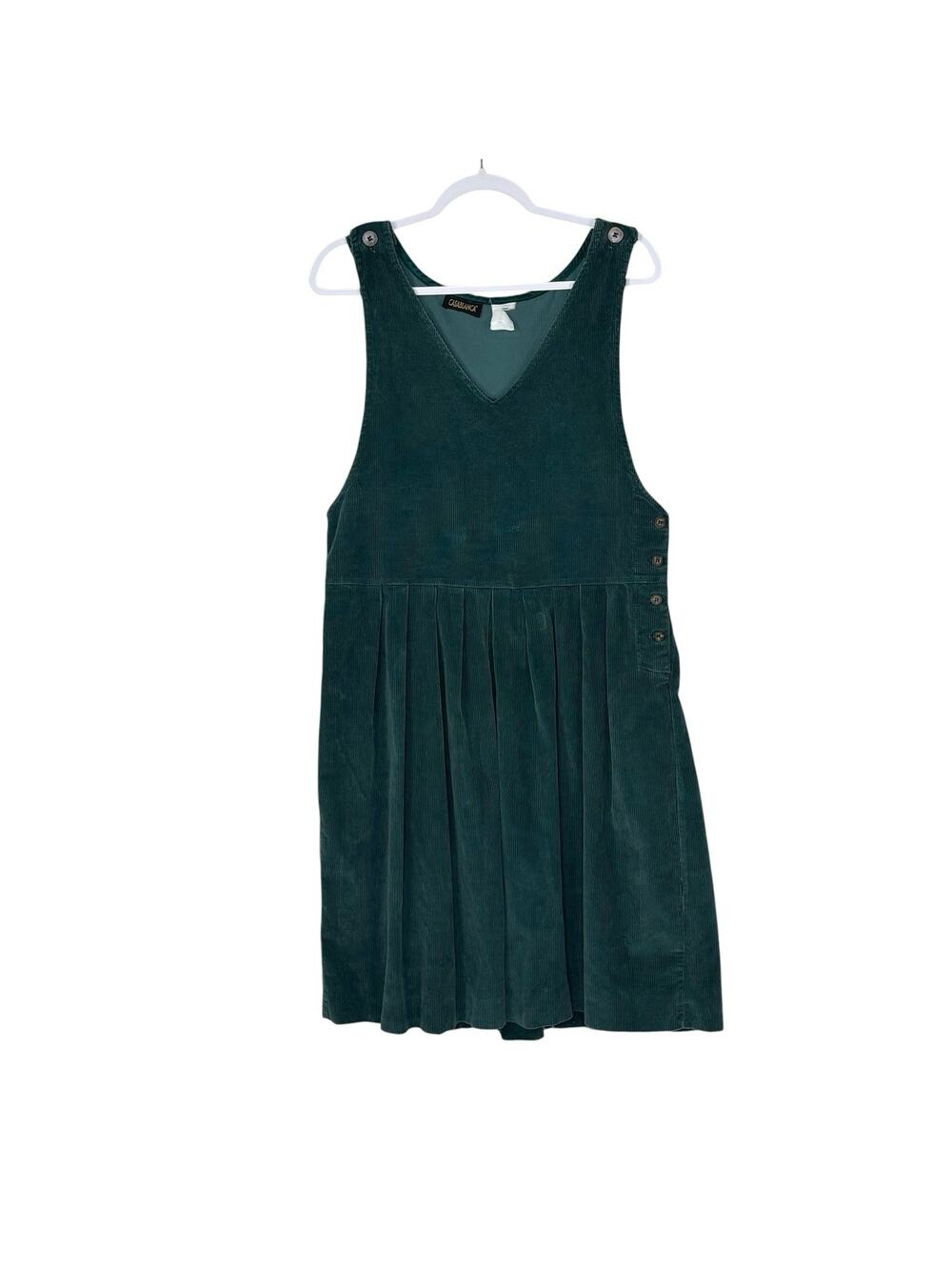 Vtg Corduroy Midi Dress Jumper Pinafore Pleated Dark Cottage Forest Green Sz M